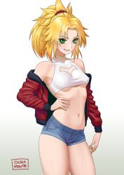 Rule 34 | 1girl, artist name, bare shoulders, blonde hair, blush, breasts, carlo montie, cleavage cutout, clothing cutout, commentary, contrapposto, covered erect nipples, cowboy shot, crop top, crop top overhang, denim, denim shorts, fate/apocrypha, fate (series), forehead, gradient background, green eyes, grin, hair ornament, hair scrunchie, hand on own hip, jacket, long hair, long sleeves, looking at viewer, medium breasts, mordred (fate), mordred (fate/apocrypha), nail polish, navel, off shoulder, open clothes, open jacket, parted bangs, parted lips, pink nails, ponytail, red jacket, scrunchie, short shorts, shorts, smile, solo, stomach, teeth, thighs, underboob, v-shaped eyebrows, white background