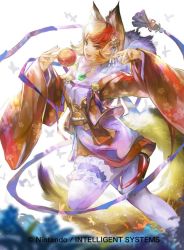 Rule 34 | 1girl, animal ears, ball, blonde hair, fire emblem, fire emblem cipher, fire emblem fates, fox ears, fox tail, fur trim, japanese clothes, multicolored hair, nejita, nintendo, open mouth, orange eyes, red hair, selkie (fire emblem), simple background, solo, tail, thighhighs, two-tone hair, white background