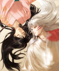 Rule 34 | 1boy, 1girl, aged up, black hair, closed eyes, closed mouth, crescent, crescent facial mark, eyelashes, facial mark, facing viewer, forehead mark, inuyasha, japanese clothes, kimono, long hair, looking to the side, lying, niko (silent.whitesnow), on back, parted lips, pink kimono, pointy ears, rin (inuyasha), rotational symmetry, sesshoumaru, smile, upper body, upside-down, white hair, white kimono