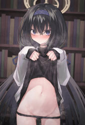 Rule 34 | 1girl, black hair, black panties, blue archive, blue hairband, blue ribbon, blush, book, bookshelf, clothes lift, commentary request, hair between eyes, hair ribbon, hairband, halo, highres, lifting own clothes, long hair, long sleeves, looking at viewer, panties, panty pull, ribbon, sleeves past wrists, solo, steam, stomach, su ha ya, sweat, sweater, sweater lift, twintails, ui (blue archive), underwear, very long hair