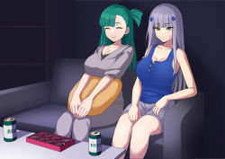 Rule 34 | 2girls, alternate costume, beer can, box, box of chocolates, breasts, can, chocolate, cleavage, closed eyes, couch, cushion, drink can, eyes visible through hair, g28 (girls&#039; frontline), girls&#039; frontline, green hair, hk416 (girls&#039; frontline), krs (karasu), large breasts, multiple girls, shorts, siblings, silver hair, sisters, table, watching television