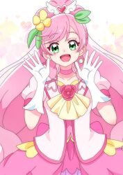 Rule 34 | 1girl, alternate hairstyle, artist name, ascot, back bow, big hair, bow, braid, choker, commentary, cosplay, cure grace, cure grace (cosplay), cure prism, dress, earrings, flower, flower brooch, gloves, green eyes, hair flower, hair ornament, healin&#039; good precure, highres, hirogaru sky! precure, in-franchise crossover, jacket, jewelry, leaf hair ornament, long hair, looking at viewer, magical girl, momotarouooi, nijigaoka mashiro, open mouth, pink bow, pink choker, pink dress, pink hair, ponytail, precure, puffy short sleeves, puffy sleeves, in-franchise crossover, short sleeves, side braid, signature, single earring, smile, solo, standing, twin braids, very long hair, waving, white gloves, white jacket, wing hair ornament, yellow ascot, yellow flower