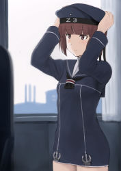 Rule 34 | 10s, 1girl, absurdres, adjusting clothes, adjusting headwear, anchor, black hat, blurry, brown eyes, brown hair, clothes writing, curtains, depth of field, dress, fuyube gin (huyube), hat, highres, indoors, kantai collection, long sleeves, looking away, military, military uniform, neckerchief, official style, sailor collar, sailor dress, sailor hat, short dress, short hair, solo, uniform, window, z3 max schultz (kancolle)