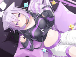 Rule 34 | 1girl, ahoge, animal ear fluff, animal ears, belly, black choker, black shirt, blue hair, blush, breasts, cat ears, cat girl, cat tail, cellphone, checkered clothes, choker, cleavage, closed mouth, collarbone, commentary, commentary request, couch, crop top, food, from above, hair between eyes, hand up, highres, hololive, kamioka shun&#039;ya, large breasts, long sleeves, looking at viewer, lying, medium hair, midriff, navel, nekomata okayu, nekomata okayu (1st costume), on back, on couch, onigiri, onigiri print, pants, phone, pillow, purple eyes, purple hair, shirt, smartphone, sparkle, stellated octahedron, tail, virtual youtuber