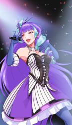 Rule 34 | 1girl, blue gloves, breasts, cleavage, elbow gloves, gloves, hair bun, hair ornament, hair stick, hand on own chest, highres, holding, holding microphone, looking to the side, lord jaywalk, macross, macross delta, microphone, mikumo guynemer, music, open mouth, purple hair, red eyes, singing, single hair bun, small breasts, solo