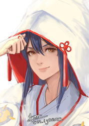 Rule 34 | 1girl, artist name, blue hair, brown eyes, closed mouth, cm lynarc, fire emblem, fire emblem fates, fire emblem heroes, hair between eyes, highres, hood, hood up, japanese clothes, kimono, looking at viewer, nintendo, oboro (bridal) (fire emblem), oboro (fire emblem), signature, smile, solo, uchikake, upper body, white background