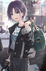 Rule 34 | 1girl, 3others, absurdres, aqua eyes, aqua hair, artist name, asakura toru, bag, cowboy shot, earrings, gradient hair, gun, handbag, handgun, highres, holding, holding bag, holding gun, holding weapon, idolmaster, idolmaster shiny colors, jacket, jewelry, junshiki, looking at viewer, multicolored hair, multiple others, open clothes, open jacket, outdoors, parted bangs, parted lips, purple hair, revolver, short hair, signature, sleeves rolled up, solo focus, traffic light, weapon