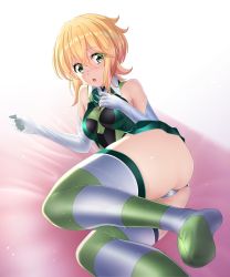 Rule 34 | 1girl, absurdres, akatsuki kirika, ass, bed, blonde hair, blush, breasts, from behind, green eyes, green leotard, highres, leotard, looking at viewer, looking back, lying, medium breasts, nyanmaru, on side, open mouth, senki zesshou symphogear, shiny skin, short hair, solo, striped clothes, striped thighhighs, thighhighs