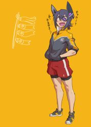 Rule 34 | anchor, anchor symbol, bike shorts, bike shorts under shorts, blush, children&#039;s day, eyepatch, fang, full body, hair between eyes, hands in pockets, headgear, kantai collection, koinobori, looking at viewer, male focus, mikoyan, open mouth, popped collar, purple hair, short hair, shorts, simple background, solo, standing, tenryuu (kancolle), thick eyebrows, translation request, windsock, yellow eyes, zipper