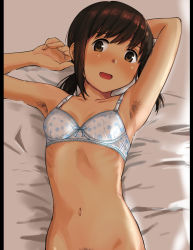 Rule 34 | 1girl, armpit hair, arms up, bed, bed sheet, black border, blue bra, blush, border, bra, breasts, brown eyes, brown hair, commentary request, emonyu, female pubic hair, floral print, fubuki (kancolle), highres, kantai collection, low ponytail, lying, no panties, on back, open mouth, out-of-frame censoring, ponytail, pubic hair, short ponytail, small breasts, solo, underwear