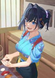 Rule 34 | 1girl, absurdres, bangom r, black hair, blue eyes, blue kimono, blue skirt, breasts, cowboy shot, floral print, food, hair intakes, hair ornament, hair scrunchie, hairclip, highres, holding, holding food, hololive, hololive english, indoors, japanese clothes, kimono, large breasts, nail polish, open mouth, ouro kronii, pink nails, print kimono, sash, scrunchie, short hair, skirt, solo, standing, virtual youtuber, yellow sash