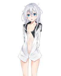 Rule 34 | 1girl, black sailor collar, blue eyes, feet out of frame, flat chest, hair between eyes, hibiki (kancolle), kantai collection, long hair, looking at viewer, messy hair, milly (milly 7), navel, no bra, no panties, open clothes, open mouth, open shirt, sailor collar, silver hair, simple background, solo, standing, verniy (kancolle), white background