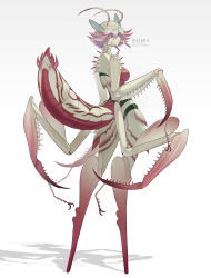 Rule 34 | 1girl, absurdres, antennae, arthropod girl, closed mouth, colored sclera, colored skin, extra arms, from behind, full body, grey sclera, highres, looking at viewer, mantis girl, monster girl, no feet, original, pink eyes, pink hair, ruteko (ruko220), short hair, simple background, solo, tail, twitter username, white background, white hair, white skin