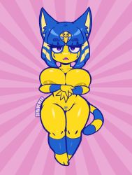Rule 34 | 1girl, :&lt;, animal crossing, animal ears, ankha (animal crossing), blue eyes, blue hair, breasts, cat ears, cat tail, cleft of venus, covering privates, covering breasts, curvy, egyptian, eyebrows, eyelashes, eyeshadow, frown, furry, half-closed eyes, huge breasts, looking at viewer, makeup, multicolored hair, nintendo, nude, pubic hair, pussy, short hair, striped, striped background, tail, teckworks, thick thighs, thighs, two-tone hair, uncensored, wide hips