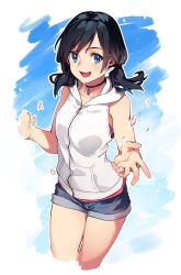 Rule 34 | 1girl, :d, absurdres, amano hina (tenki no ko), bare arms, black choker, black hair, blue eyes, blue hair, blue shorts, choker, cropped legs, gradient hair, highres, hood, hood down, hoodie, long hair, looking at viewer, low twintails, multicolored hair, open mouth, reiga (act000), short shorts, shorts, sleeveless, sleeveless hoodie, smile, solo, standing, tenki no ko, twintails, white hoodie