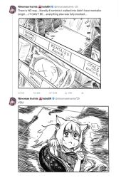 Rule 34 | 2girls, :&lt;, absurdres, animal ears, bread, cat ears, commentary, english commentary, english text, feelsgoodmmm, fins, fish tail, food, food wrapper, gawr gura, greyscale, highres, hololive, hololive english, melon bread, monochrome, multiple girls, ninomae ina&#039;nis, onigiri, open wrapper, overalls, parody, paw pose, ponytail, scared, shaded face, shark girl, shark tail, shelf, tail, tentacles, trembling, twitter, virtual youtuber