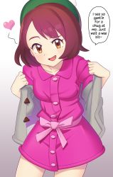 Rule 34 | 1girl, blush, bob cut, breasts, brown eyes, brown hair, buttons, collared dress, cowboy shot, creatures (company), dress, english text, game freak, gazing eye, gloria (pokemon), heart, highres, leaning forward, long sleeves, looking at viewer, nintendo, open mouth, pokemon, pokemon swsh, removing jacket, short hair, simple background, small breasts, smile, solo, speech bubble, text focus, translation request, undressing, white background