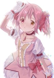 Rule 34 | 1girl, arm at side, backlighting, bow, breasts, bubble skirt, buttons, center frills, choker, chromatic aberration, collarbone, comet543, frilled skirt, frilled sleeves, frills, glitch, gloves, hair ribbon, hand on own head, hand up, highres, kaname madoka, looking at viewer, looking up, mahou shoujo madoka magica, mahou shoujo madoka magica (anime), parted lips, pink bow, pink eyes, pink ribbon, puffy short sleeves, puffy sleeves, red choker, red ribbon, ribbon, ribbon choker, short sleeves, short twintails, simple background, skirt, small breasts, solo, soul gem, tareme, twintails, upper body, waist bow, white background, white gloves, white skirt
