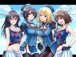 Rule 34 | 10s, 4girls, atago (kancolle), bad id, bad pixiv id, belt, black gloves, black hair, blonde hair, blue eyes, blue shirt, breasts, brown hair, choukai (kancolle), cleavage, crop top, garter belt, glasses, gloves, grin, holding hands, hand on own hip, impossible clothes, impossible shirt, interlocked fingers, kantai collection, large breasts, long hair, long sleeves, looking at viewer, maya (kancolle), midriff, multiple girls, navel, olmatown, open mouth, pantyhose, parted lips, personification, pleated skirt, red eyes, shirt, short hair, skirt, smile, takao (kancolle), taut clothes, taut shirt, thighhighs, uniform, white skirt