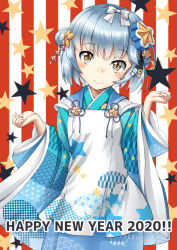 Rule 34 | 1girl, 2020, alternate costume, apron, blue hair, blue kimono, commentary request, cowboy shot, double bun, hair bun, hair ornament, happy new year, japanese clothes, kantai collection, kimono, looking at viewer, mayura (lucadia), new year, samuel b. roberts (kancolle), short hair, smile, solo, star (symbol), star hair ornament, starry background, striped, striped background, yellow eyes