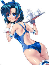 Rule 34 | 1girl, animal ears, arm garter, ass, back, bare shoulders, bishoujo senshi sailor moon, blue eyes, blue hair, blue one-piece swimsuit, breasts, bridal garter, bunny girl, competition swimsuit, cup, detached collar, earrings, fake animal ears, finger to face, flat ass, hair ribbon, jewelry, looking back, matching hair/eyes, medium breasts, mizuno ami, nail polish, one-piece swimsuit, playboy bunny swimsuit, rabbit ears, ribbon, sen (sansui), shiny clothes, shiny skin, short hair, solo, swimsuit, teacup, tray, wedgie, wet, wet clothes, wrist cuffs
