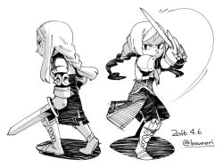 Rule 34 | 1girl, agrias oaks, armor, braid, braided ponytail, closed mouth, dated, final fantasy, final fantasy tactics, full body, gloves, greyscale, hounori, knight, long hair, looking at viewer, monochrome, shoulder armor, simple background, single braid, solo, sword, twitter username, weapon, white background