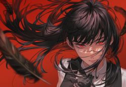 Rule 34 | 1girl, am88121, black feathers, black hair, blurry, chainsaw man, close-up, collared shirt, depth of field, dress, facial scar, falling feathers, feathers, floating hair, highres, long hair, looking at viewer, neck ribbon, pinafore dress, portrait, red background, red eyes, ribbon, ringed eyes, scar, scar on cheek, scar on face, school uniform, serious, shirt, simple background, sleeveless, sleeveless dress, solo, white shirt, yoru (chainsaw man)