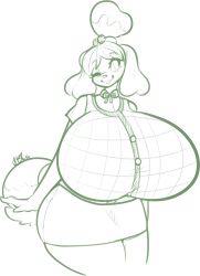 Rule 34 | 1girl, 2016, animal crossing, animal ears, bell, bow, breasts, dated, dog ears, dog tail, female focus, furry, furry female, hair bell, hair ornament, heart, highres, huge breasts, isabelle (animal crossing), looking to the side, monochrome, nintendo, one eye closed, shirt, short hair, short sleeves, signature, simple background, sketch, skirt, smile, solo, standing, tail, tehbuttercookie, text focus, tongue, tongue out, vest, white background, wink