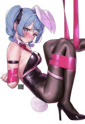 Rule 34 | animal ears, black pantyhose, blue eyes, blue hair, bound, bound arms, bound legs, breasts, hatsune miku, high heels, highres, leotard, medium breasts, nanja, pantyhose, playboy bunny, pure pure (rabbit hole), rabbit ears, rabbit hole (vocaloid), rabbit tail, simple background, tail, twintails, vocaloid, white background