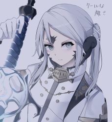 Rule 34 | &gt;:(, 1girl, arm up, au ra, warrior of light (ff14), bad id, bad pixiv id, blush, closed mouth, final fantasy, final fantasy xiv, gloves, green eyes, grey background, grey hair, hair between eyes, hair ribbon, highres, holding, holding sword, holding weapon, light frown, long hair, looking at viewer, parted bangs, ribbon, simple background, solo, sword, translation request, tsuruse, twintails, upper body, v-shaped eyebrows, weapon, white gloves, white ribbon
