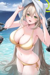 Rule 34 | 1girl, :d, absurdres, arms up, bikini, bird, blonde hair, blue archive, breasts, cleavage, commentary request, day, green eyes, green halo, halo, hands on headwear, hat, highres, large breasts, long hair, navel, nonomi (blue archive), nonomi (swimsuit) (blue archive), ocean, open mouth, outdoors, personality2407, rock, side-tie bikini bottom, smile, solo, stomach, sun hat, swimsuit, very long hair, wading, water, wet, wet hair, yellow bikini