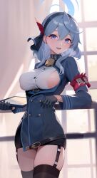 Rule 34 | 1girl, absurdres, ako (blue archive), armband, bell, black gloves, black thighhighs, blue archive, blue eyes, blue hair, breasts, buttons, collar, double-breasted, earrings, garter straps, gloves, grin, hairband, halo, highres, jewelry, long hair, looking at viewer, medium breasts, neck bell, sideboob, smile, solo, squidsmith, table, thighhighs
