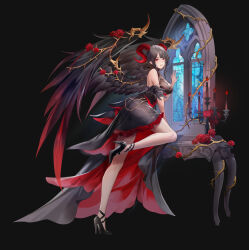 Rule 34 | 1girl, absurdres, akashic chronicle, alice (akashic chronicle), black dress, black hair, black wings, breasts, candle, candlestand, cleavage, curled horns, dress, feathered wings, flower, frilled dress, frills, high heels, highres, horns, kelou, large breasts, looking at viewer, parted lips, red eyes, red flower, red rose, roots, rose, sleeveless, sleeveless dress, solo, stained glass, window, wings