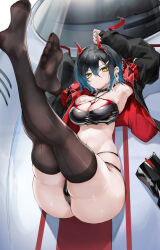 Rule 34 | 1girl, absurdres, armpits, arms up, ass, azur lane, black choker, black footwear, black hair, black jacket, black nails, blue hair, boots, breasts, brown thighhighs, car, choker, cleavage, closed mouth, colored inner hair, commentary request, criss-cross halter, crop top, ear piercing, feet, full body, hair between eyes, halterneck, high heel boots, high heels, highres, horns, jacket, large breasts, legs, legs up, light blush, long sleeves, looking at viewer, lying, mechanical horns, motor vehicle, multi-strapped panties, multicolored hair, multicolored nails, navel, no shoes, official alternate costume, on back, on vehicle, piercing, porsche, race queen, red horns, red nails, short hair, skindentation, sleeves past wrists, soles, solo, spiked choker, spikes, stomach, thighhighs, thighs, toes, two-sided fabric, two-sided jacket, ulrich von hutten (azur lane), ulrich von hutten (ignition matrician) (azur lane), unworn boots, white hair, xun li eins, yellow eyes, zipper pull tab