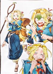 Rule 34 | 1girl, artist request, belt, blonde hair, dungeon meshi, eating, food, food on face, marcille donato, pointy ears, pouch, sandals, spoon, staff (weapon), standing, standing on one leg, teeth