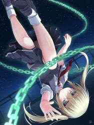 Rule 34 | 1girl, arm at side, black footwear, black skirt, blonde hair, blush, chaamii, chain, collared shirt, commentary request, crossed bangs, empty x embryo, eyes visible through hair, fence, floating hair, foot out of frame, glowing chain, green eyes, grey vest, hair between eyes, highres, knee up, kono natsuki, loafers, long hair, looking at viewer, midair, miniskirt, necktie, night, on roof, open hand, outdoors, outstretched arm, parted lips, pleated skirt, puffy short sleeves, puffy sleeves, red necktie, school uniform, shiny skin, shirt, shoes, short sleeves, signature, skirt, sky, solo, star (sky), starry sky, twintails, upside-down, vest, white shirt