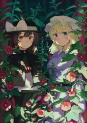 Rule 34 | 2girls, belt, black capelet, black hat, black skirt, blonde hair, bow, brown eyes, brown hair, capelet, closed mouth, collared dress, commentary request, cowboy shot, dot mouth, dress, flower, hat, hat bow, highres, long hair, long sleeves, looking at viewer, maribel hearn, mob cap, multiple girls, mushiao, plant, purple dress, purple eyes, red flower, red ribbon, ribbon, shirt, skirt, touhou, usami renko, white bow, white hat, white shirt