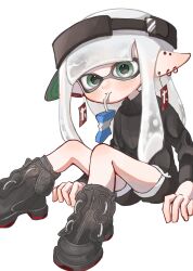 Rule 34 | 1girl, absurdres, black footwear, black shorts, commentary, dolphin shorts, drinking, drinking straw, earrings, full body, green eyes, grey hair, high tops, highres, inkling, inkling girl, inkling player character, jewelry, juice box, lemo (lemo 4), long hair, looking at viewer, nintendo, pointy ears, shoes, shorts, sideways hat, simple background, sitting, sneakers, solo, splatoon (series), tentacle hair, visor cap, white background, white trim