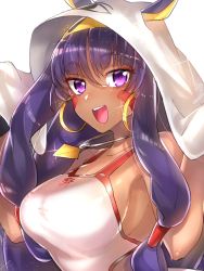 Rule 34 | 1girl, :d, animal ears, armpits, artist request, bad id, bad pixiv id, bare shoulders, blush, breasts, cleavage, clothing cutout, dark-skinned female, dark skin, earrings, egyptian, eye of horus, facial mark, fate/grand order, fate (series), from side, glint, hair between eyes, hoop earrings, jackal ears, jewelry, large breasts, long hair, looking at viewer, nitocris (fate), nitocris (fate/grand order), nitocris (swimsuit assassin) (fate), nitocris (swimsuit assassin) (second ascension) (fate), one-piece swimsuit, open mouth, purple eyes, purple hair, side cutout, sideboob, smile, solo, swimsuit, upper body, white one-piece swimsuit