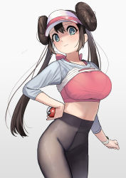 Rule 34 | 1girl, black pantyhose, blue eyes, breasts, brown hair, closed mouth, clothes lift, clothing cutout, creatures (company), dated, double bun, game freak, gradient background, grey background, hair bun, hand on own hip, highres, holding, holding poke ball, kaedeko (kaedelic), large breasts, long hair, looking at viewer, nintendo, pantyhose, poke ball, pokemon, pokemon bw2, raglan sleeves, rosa (pokemon), shirt lift, signature, solo, sports bra, twintails, underboob cutout