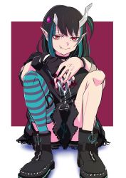 Rule 34 | 1girl, absurdres, black dress, black footwear, black hair, blue hair, blue thighhighs, boots, closed mouth, commentary request, demon girl, demon horns, dress, eye hair ornament, fang, fang out, full body, grey thighhighs, highres, horns, looking at viewer, medium hair, multicolored hair, nail polish, nanashi inc., official alternate costume, pointy ears, red background, red eyes, red nails, shishio chris, shishio chris (3rd costume), side ponytail, single thighhigh, sitting, smile, solo, sugar lyric, tengu nimuru, thighhighs, two-tone background, two-tone hair, virtual youtuber, white background