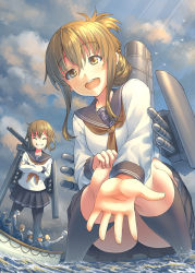 Rule 34 | 2girls, 5boys, bird, black legwear, blue skirt, brown hair, closed eyes, cloud, folded ponytail, from below, giant, giantess, hair ornament, hairclip, highres, ikazuchi (kancolle), inazuma (kancolle), kantai collection, kuro oolong, long hair, long sleeves, multiple boys, multiple girls, ocean, open mouth, outdoors, pantyhose, pleated skirt, reaching, reaching towards viewer, rigging, rowboat, sailor, sailor collar, school uniform, serafuku, size difference, skirt, sky, smile, smokestack, socks, standing, standing on liquid, striped clothes, striped skirt, sunlight, torpedo tubes, turret