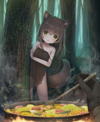 Rule 34 | 1girl, 1other, animal ear fluff, animal ears, black dress, black gloves, brown eyes, brown hair, cooking, dirty, dog ears, dog girl, dog tail, dress, drooling, fire, food, forest, gloves, hair between eyes, hungry, long hair, looking at viewer, nature, no panties, open mouth, original, outdoors, peeking out, pot, pov, pov hands, psyche3313, spoon, steam, stew, strap slip, tail, thighs, torn clothes, tree, vegetable