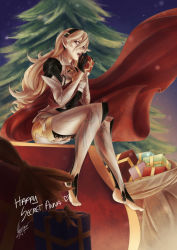 Rule 34 | 1girl, armor, barefoot, black gloves, black hairband, blonde hair, bow, box, christmas, christmas tree, corrin (female) (fire emblem), corrin (fire emblem), fire emblem, fire emblem fates, floating hair, from below, full body, gift, gift bag, gift box, gloves, hair between eyes, hairband, holding, holding bow (ornament), long hair, looking to the side, nintendo, open mouth, pointy ears, red eyes, sitting, solo, very long hair, vyh