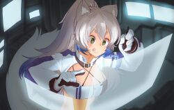 Rule 34 | 1girl, animal ear fluff, animal ears, ares spacedog, belt, breasts, cleavage, closed mouth, dog ears, dog tail, drawing, gloves, green eyes, grey hair, highres, holding, holding pencil, holographic monitor, indie virtual youtuber, large breasts, minuethisa, monitor, pencil, smile, strapless, tail, thick eyebrows, tongue, tongue out, tube top, virtual youtuber