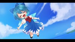 Rule 34 | 1girl, :d, ^ ^, bad id, bad pixiv id, black footwear, blue bow, blue dress, blue hair, blue sky, blush, bow, cirno, closed eyes, cloud, collared shirt, commentary request, day, dress, dutch angle, facing viewer, fang, flying, hair bow, horizon, ice, ice wings, letterboxed, ocean, open mouth, outdoors, outstretched arms, puffy short sleeves, puffy sleeves, red bow, reo (re2kn), shirt, shoes, short hair, short sleeves, sky, sleeveless, sleeveless dress, smile, socks, solo, spread arms, touhou, water, white shirt, white socks, wings