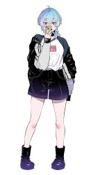 Rule 34 | 1girl, ahoge, akagi asahito, arm at side, black footwear, black jacket, black nails, black shorts, blue eyes, blue hair, boots, breasts, cellphone, choker, covered mouth, crossed bangs, fuha mika, full body, hand up, highres, holding, holding phone, jacket, jewelry, long sleeves, off shoulder, open clothes, open jacket, original, phone, raglan sleeves, ring, shirt, shirt tucked in, short hair, short ponytail, shorts, simple background, small breasts, smartphone, solo, standing, white background