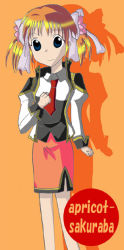Rule 34 | 00s, 1girl, apricot sakuraba, bad anatomy, blonde hair, broccoli (company), character name, flower, formal, galaxy angel, galaxy angel rune, looking at viewer, necktie, orange hair, poorly drawn, puffy sleeves, ribbon, shadow, short hair, short twintails, simple background, skirt, skirt suit, smile, solo, suit, twintails, uniform