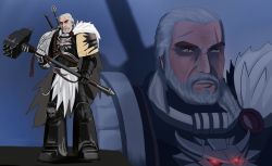 Rule 34 | 1boy, armor, crossover, geralt of rivia, highres, holding, holding weapon, jewelry, male focus, ponytail, power armor, scar, silver hair, space marine, the witcher (series), warhammer 40k, weapon, yellow eyes