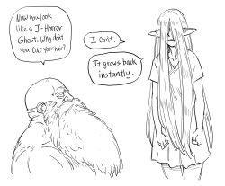 Rule 34 | 1boy, 1girl, bald, bb (baalbuddy), beard, commentary, dress, elf, english commentary, english text, facial hair, greyscale, highres, long beard, long hair, monochrome, original, parted lips, pointy ears, profile, short sleeves, simple background, very long hair, white background